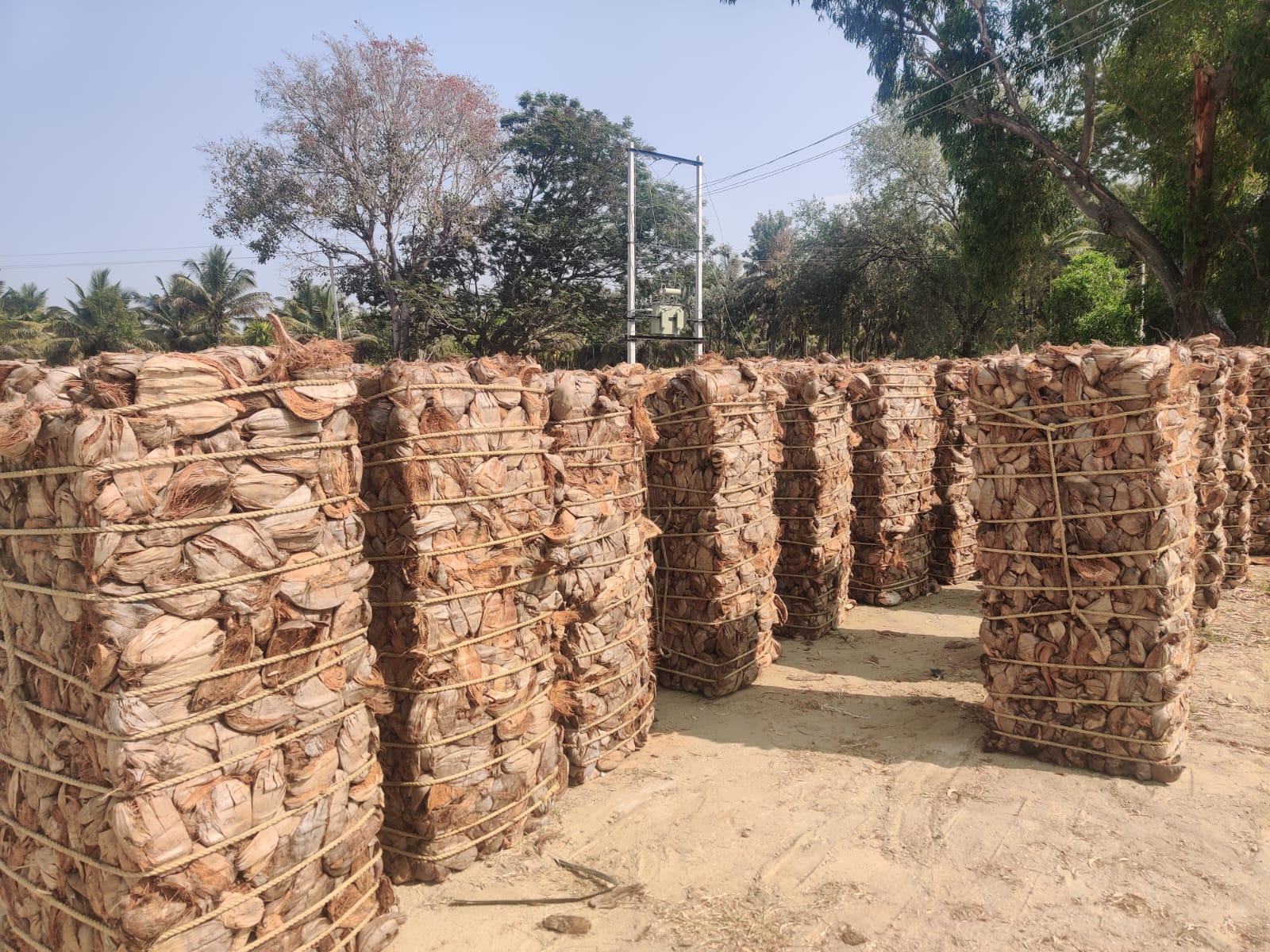 Coir husk bales ready for processing